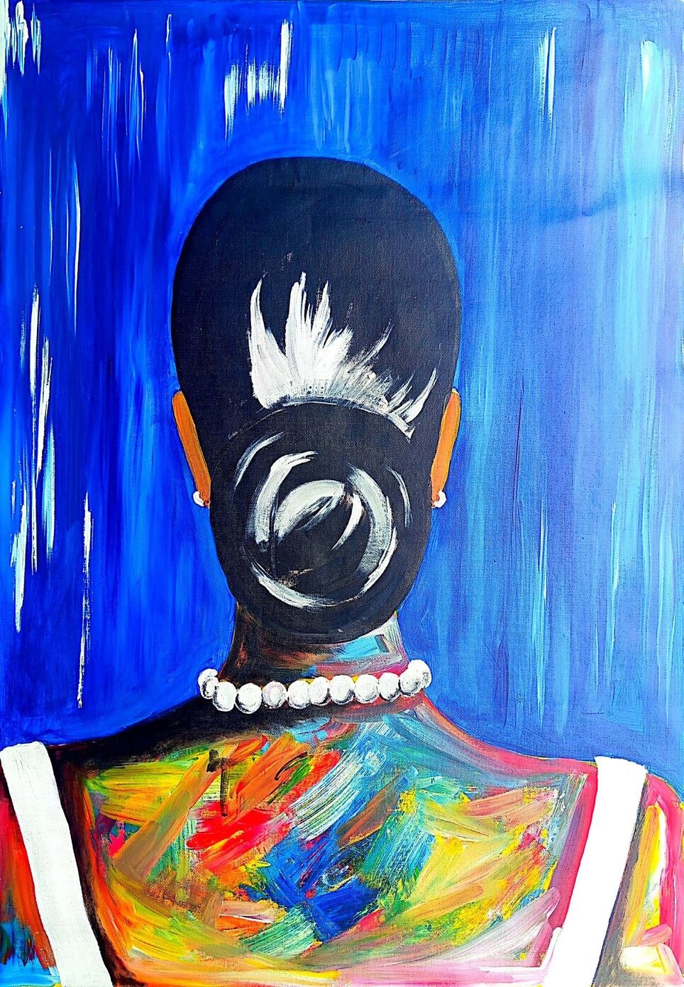 An acrylic painting of a women facing into a blue texture background and displaying her back by Thato Masera