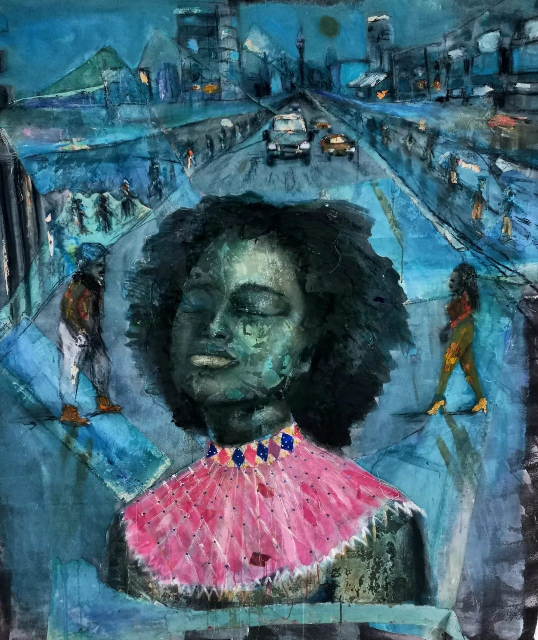 A mixed painting of a Nguni tribe women moving to the city to chase her dreams