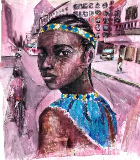 A mixed media Painting of a Nguni tribe women moving to the city