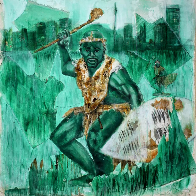 A mixed media Painting of a Nguni tribe man in a fight by Sibusiso Makhunga