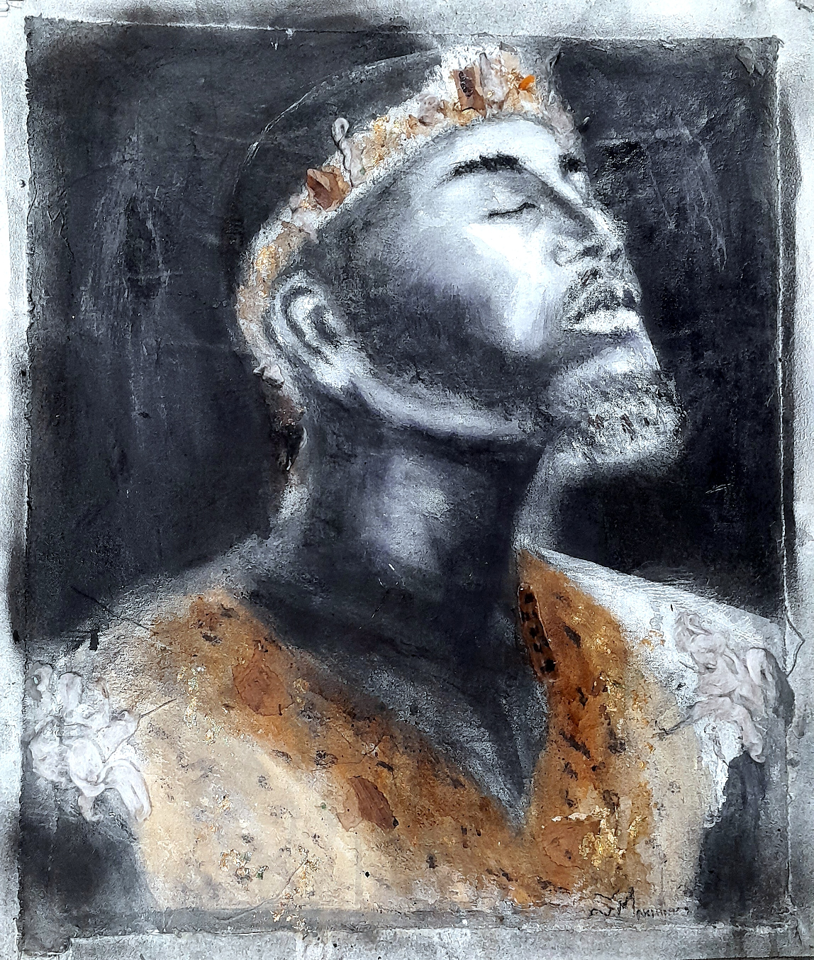 A mixed media painting of the Nguni tribe of a man looking in the sky by Sibusiso Makhunga