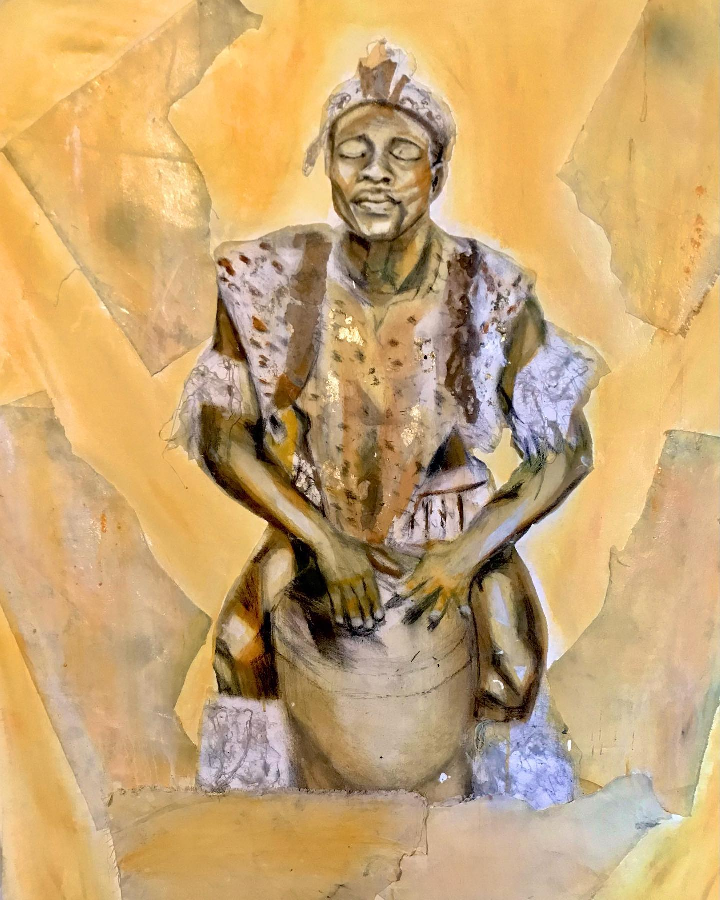 A mixed media painting with the Nguni tribe man playing traditional drums
