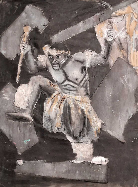 A mixed media painting of the Nguni tribe of a man doing a Nguni traditional dance by Sibusiso makhunga