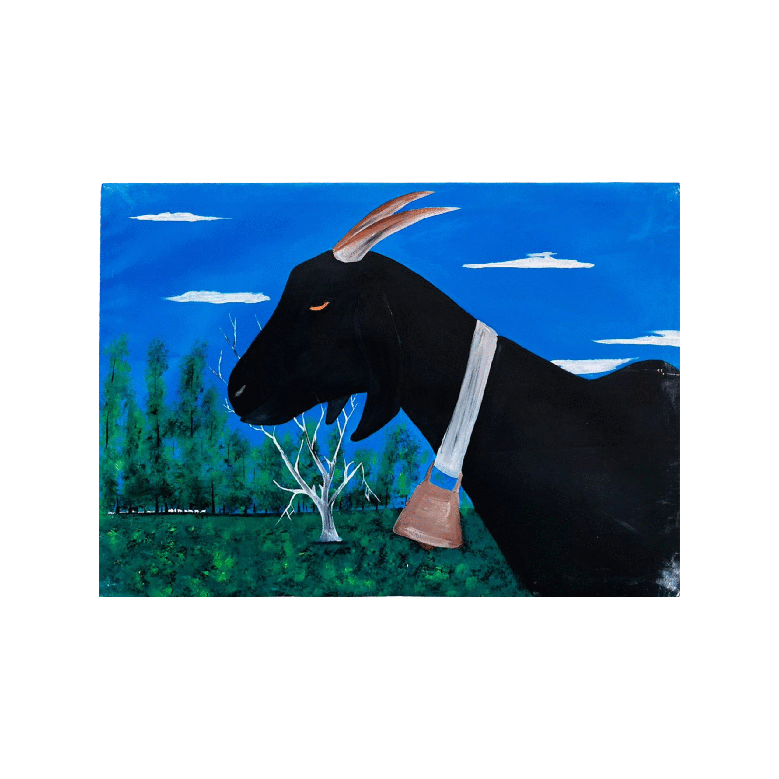 An acrylic painting of a goat with a landscape background that full of trees and blue skies with clouds By Thato Masera