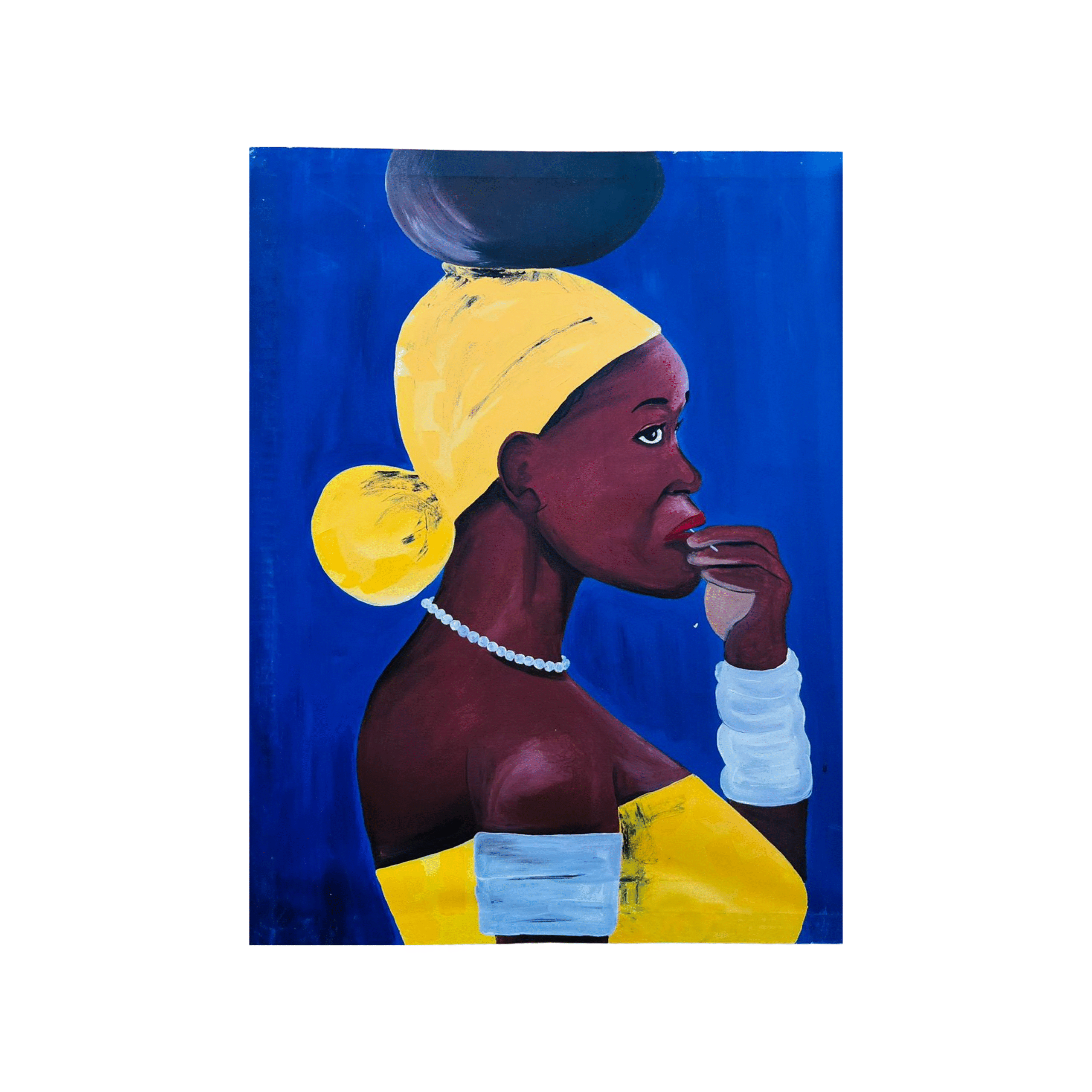An acrylic painting of a women carrying a clay pot on her head with a pearl necklace by Thato Masera
