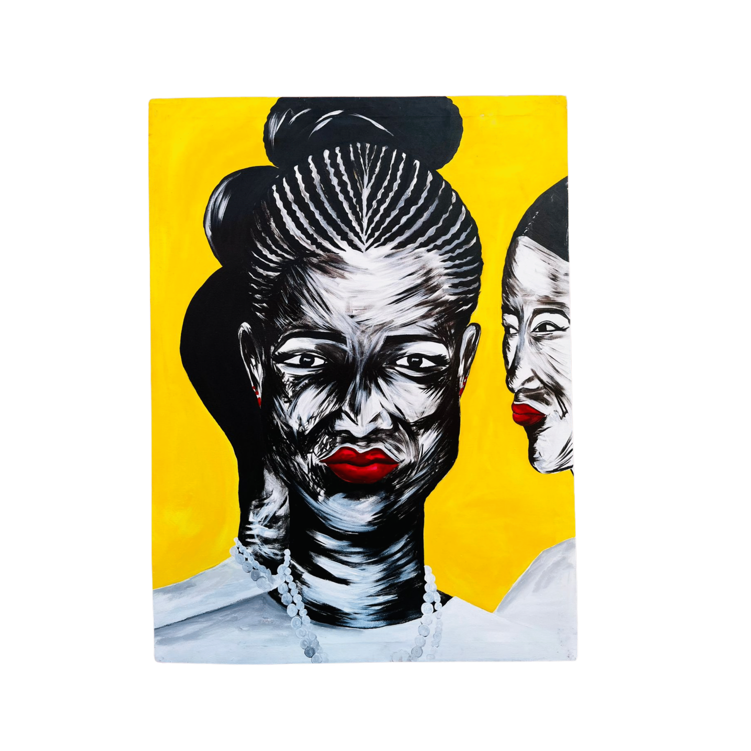 An acrylic painting of three African women with a yellow background By Thato Masera